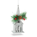 Ornament de brad cu agatatoare, biserica, 16 x 6.5 cm, argintie, Oem