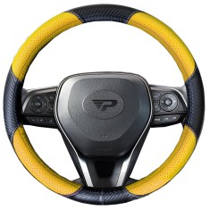 Husa volan Panda, fibra carbon negru cu insertii piele ecologica perforata galbena, 38 cm