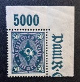 Germania (Deutsches Reich 1923) "50 Mark - Posthorn / Corn Poștal" cu Dublă Margine Cifră de Coală "5000" (MINT / Neștampilat) CLK1