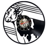 Ceas de perete decorativ realizat din disc de vinil, Model Vaca de Lapte Ferma Rustica Animale Agricultura, Negru, 30 cm