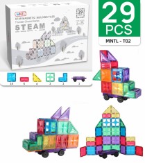 Set de constructie magnetic, 29 piese, Magnetic Tiles, multicolore de forme geometrice diferite, 2D, 3D