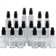 Set de 18 sticlute din sticla transparenta cu atomizor, capac metalic, 30 ml, ideal pentru ulei esential, parfum, pentru aromaterapie, calatorii