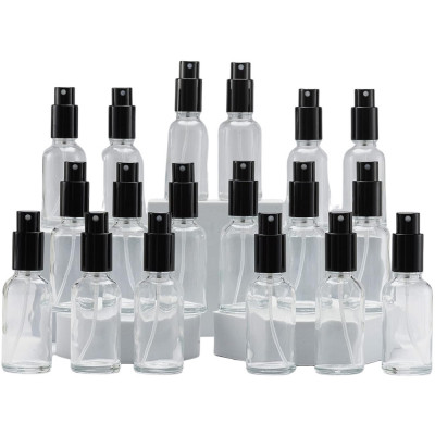 Set de 18 sticlute din sticla transparenta cu atomizor, capac metalic, 30 ml, ideal pentru ulei esential, parfum, pentru aromaterapie, calatorii foto