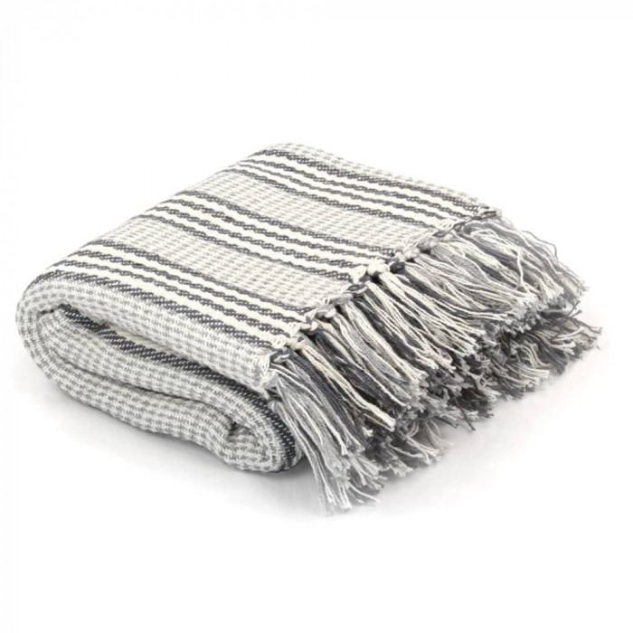 vidaXL Pătură decorativă cu dungi, bumbac, 125 x 150 cm, gri și alb 245327