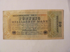 CY 50000000000 50 miliarde marci mark 10.10.1923 Reichsbanknote Germania unifata foto