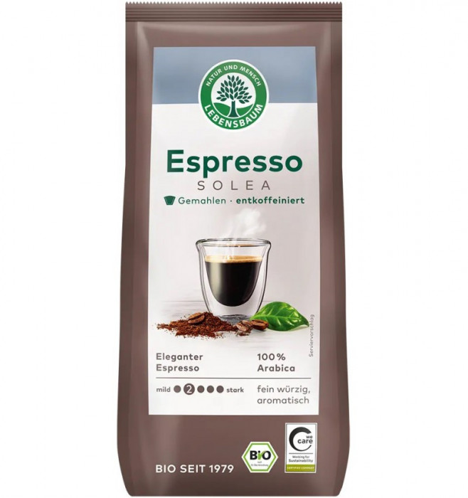 Cafea bio macinata Solea Expresso decofeinizata, 250g Lebensbaum