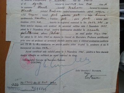 1941-Certificat de amanare serviciu militar pentru cont.studii-RAR foto