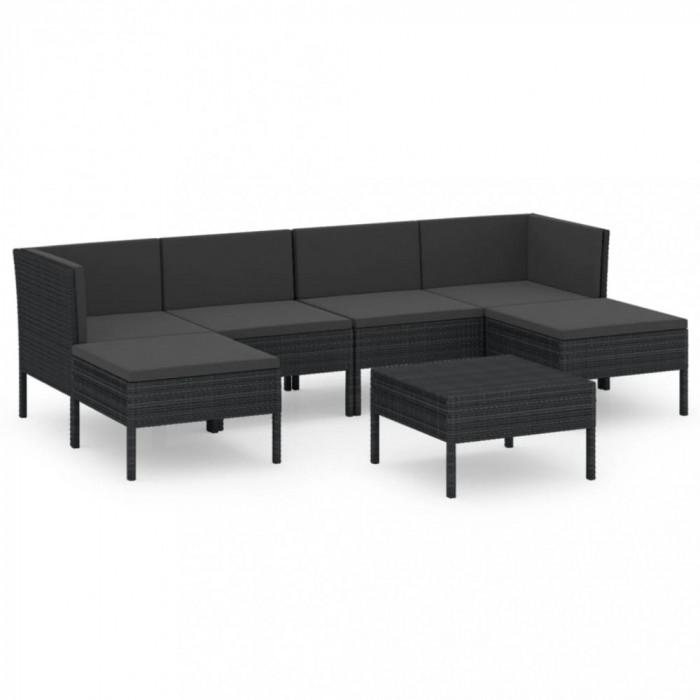 Set mobilier de grădină cu perne, 7 piese, negru, poliratan