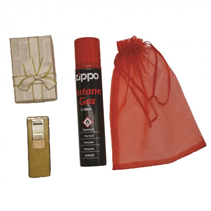 Set Bricheta anti-vant, metalica, aurie, cutie cadou, Gaz incarcare bricheta Zippo, 100 ml, saculet cadou, b2