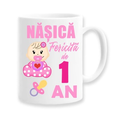 Cana alba personalizata &amp;quot;Nasica fericita de 1 an&amp;quot;, INOVATIX&amp;reg;. 330ml foto