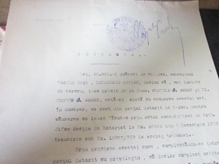 chitanta notariala timbrata an 1920