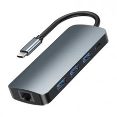 Remax Retor Series RU-U91 9 az 1-ben USB-C hub, 3x USB 3.0, USB-C, RJ45, HDMI, 3,5 mm, SD/TF (szürke)