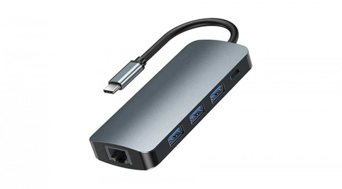 Remax Retor Series RU-U91 9 az 1-ben USB-C hub, 3x USB 3.0, USB-C, RJ45, HDMI, 3,5 mm, SD/TF (sz&uuml;rke)