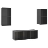 Set dulap TV, 3 piese, gri extralucios, lemn prelucrat