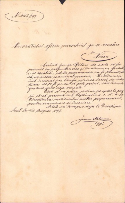 HST 276S Primire &icirc;n Preparandie semnată olograf mitropolit Ioan Metianu 1897