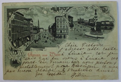 GRUSS AUS WIEN - SALUTARI DIN VIENA , CARTE POSTALA ILUSTRATA , COLAJ DE DOUA IMAGINI , MONOCROMA , CIRCULATA , CLASICA , DATATA 1901 foto