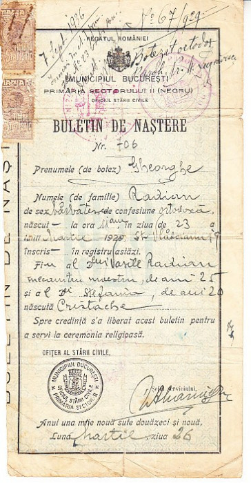 M3 C18 - 1929 - Buletin de nastere - Regatul Romaniei - fiscalizat