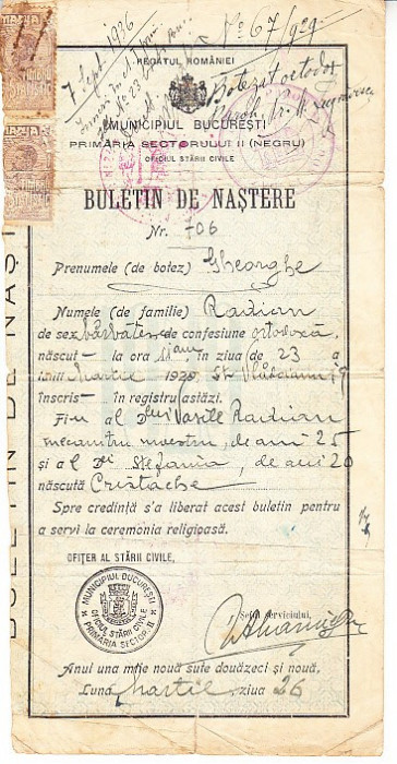 QW13 12 - 1929 - Buletin de nastere - Regatul Romaniei - fiscalizat