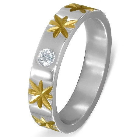 Inel argintiu din oţel cu steluţe aurii şi zirconiu transparent - Marime inel: 68