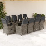 Set bistro de grădină cu perne, 11 piese, gri, poliratan