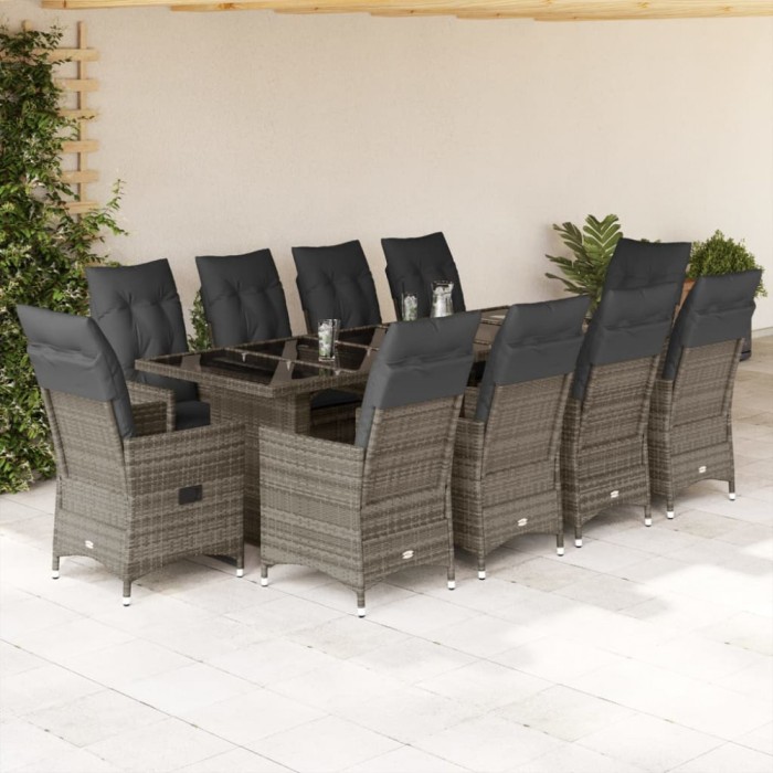 vidaXL Set bistro de grădină cu perne, 11 piese, gri, poliratan 3277242