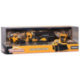 Set Majorette Volvo camion cu remorca, camion basculant, buldozer si excavator