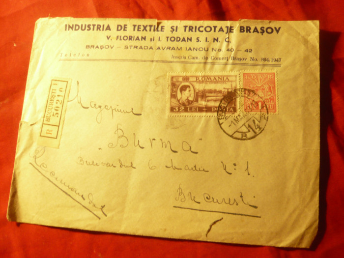 Plic Antet Industria Textile si Tricotaje Brasov 1943 recomandat , cu 32 lei Mih