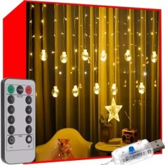Instalatie tip perdea pentru Craciun, model globuri, 108 LED-uri, 8 moduri iluminare, telecomanda inclusa, intrare USB