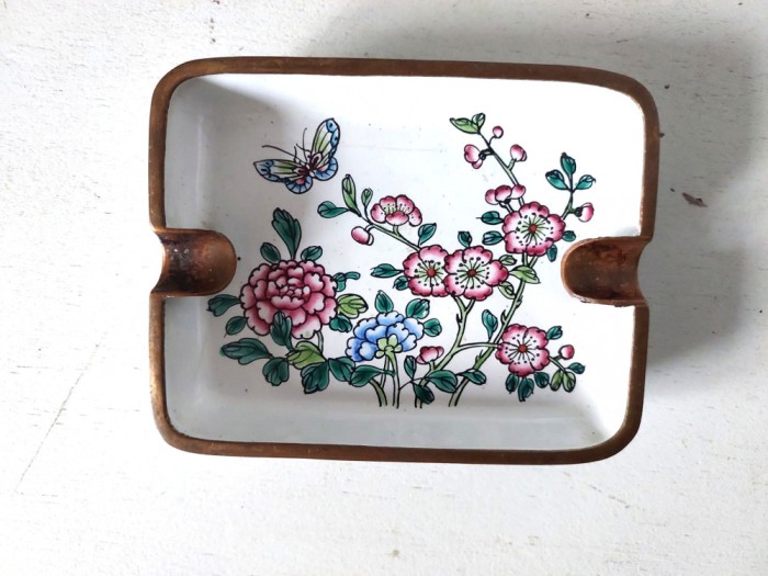 Scrumiera vintage de cupru emailat, stil japonez, 9x7x1.5cm