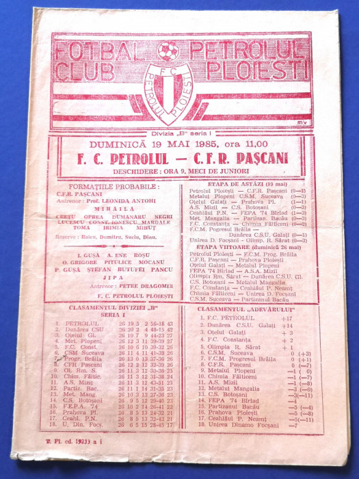 Program meci fotbal PETROLUL PLOIESTI - CFR PASCANI (19.05.1985)
