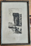 Gravura veche, semnata (peisaj portuar, Anglia)