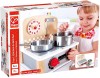 Aragaz Jucarie Lemn Hape Mini Bucatarie Copii cu Oale Inox si Ustensile Gatit