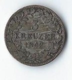 Moneda 3 kreuzer 1842 - Wurttemberg, Germania, 1,29 g argint 0,333