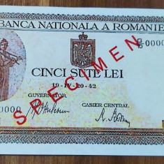 REPRODUCERE bancnota specimen 500 lei 1942 Romania