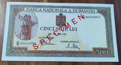 REPRODUCERE bancnota specimen 500 lei 1942 Romania foto