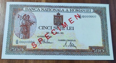 REPRODUCERE bancnota specimen 500 lei 1942 Romania foto