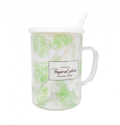 Cana din Sticla cu Capac si lingurita ceramica, TROPICAL, 350 ML foto