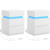 Set 2 noptiere VASAGLE albe cu LED reglabil si 3 sertare, 35x40x55 cm