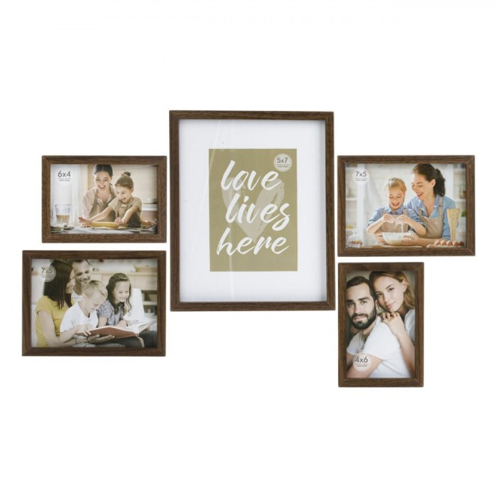 Set Rame Foto, Model Love Lives Here, Lemn, 5 Bucăți, Culoare Maro, 3 Dimensiuni