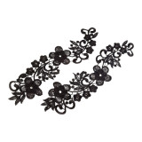 Set 2 aplicatii brodate din dantela cu flori, dimensiuni 8 x 27 cm, Negru