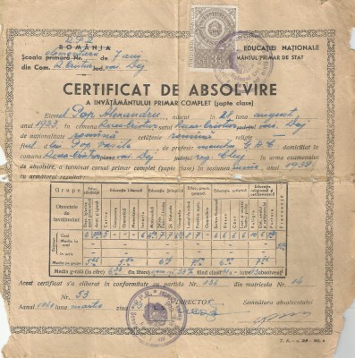 Romania, Certificat de absolvire a invatamantului primar complet, 1961 foto