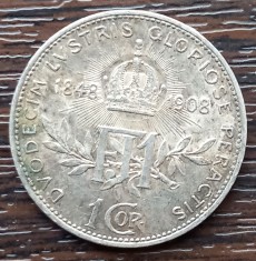 (A994) MONEDA DIN ARGINT AUSTRIA - 1 CORONA COROANA 1908, COMEMORATIVA - 60 DE ANI DE DOMNIE FRANZ JOSEPH, PATINA SUPERBA