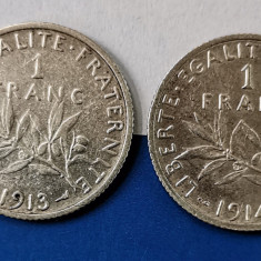 SV * Franta LOT 2 x FRANC 1913 și 1914 ( mai rar) * ARGINT .835 * XF +