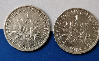 SV * Franta LOT 2 x FRANC 1913 și 1914 ( mai rar) * ARGINT .835 * XF + foto