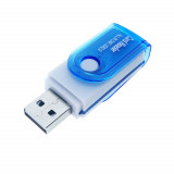 Cumpara ieftin Cititor USB 2.0 pentru carduri de memorie MicroSD, SDHC, M2, MMC, cu capac rotativ, albastru, Oem