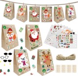 Set de 24 pungi cu autocolante si clips pentru calendar de Advent WEYON, hartie/lemn/textil, multicolor, 15 x 9 x 27 cm