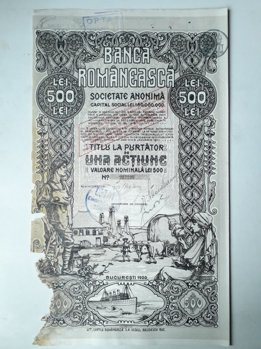 500 Lei 1920 Banca Romaneasca actiuni vechi / Romania 327298