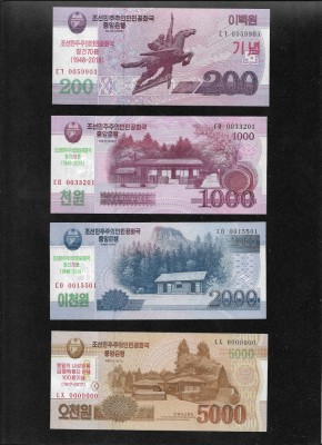 Set Coreea de Nord 200 + 1000 + 2000 + 5000 won 2017-18 unc foto