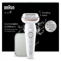 Epilator Braun Silk-épil 9 9-000 Wet &amp; Dry, MicroGrip, Smart Light, 2 viteze, 40 pensete, Geanta de voiaj, Alb/Roz