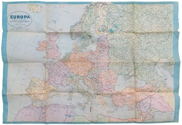 PM382N Europa, hartă &icirc;ntocmită și reprodusă de Institutul Cartografic Unirea din Brașov la scara 1:6.000.000, 1943, cenzurat cu Nr 983 din 4 XII 1939